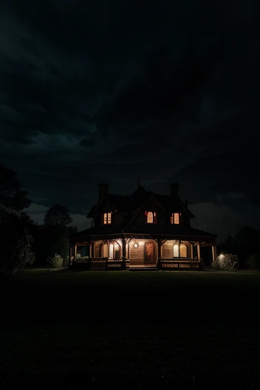 haunted house made from wood with creepy vibe and terrifiying vibe all over the places in the middle of the night with few big dark trees around it, the house doesnt had any light coming out, with spooky clouds around it