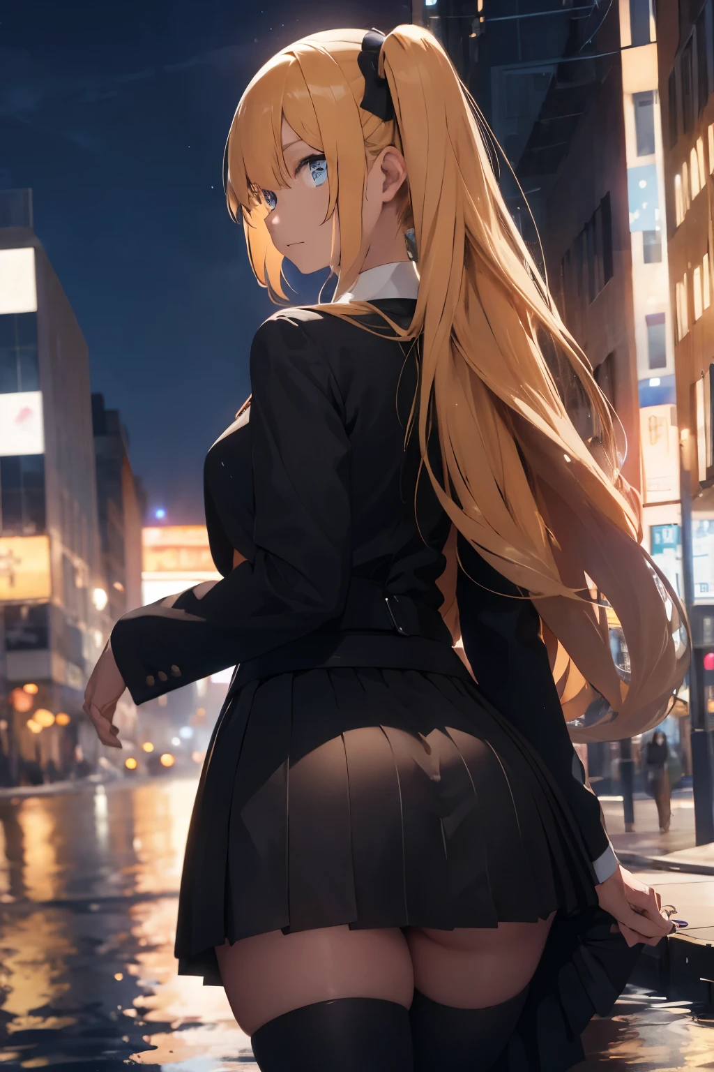 teenage woman ,long golden hair, blue eye ,wearing black suit,black skirt Turn around and look back. Half body image, colored lights,america background