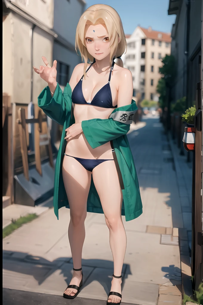masterpiece, best quality, facing viewer, looking at viewer, 1girl, solo, outdoors, beach, standing, shy,tsunade, bikini,tsunadens