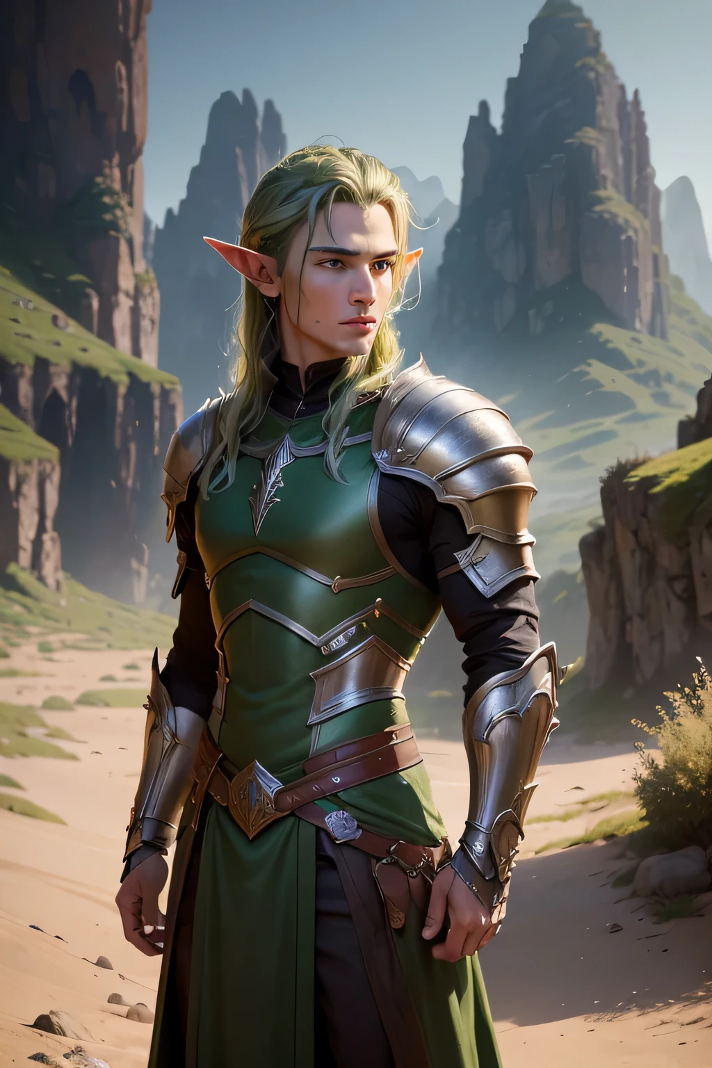 ((best qualityer)), ((work of art)), (detailded), 8K, 4K, hight contrast, work of art, 1 male elf adventurer , green elven armor, in the background magnificent valley ,similar to the works of JRR Tolkien, clear lighting, detailed shadows