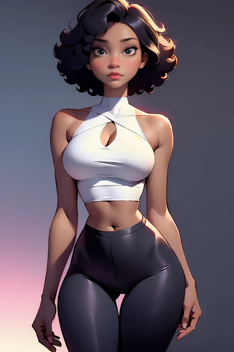 afro american girl, dark skin, behind view, afro haircut, 1 girl, solo, (black leggins) (crop tank top, cleavage), sleveless, medium perky , wide hips