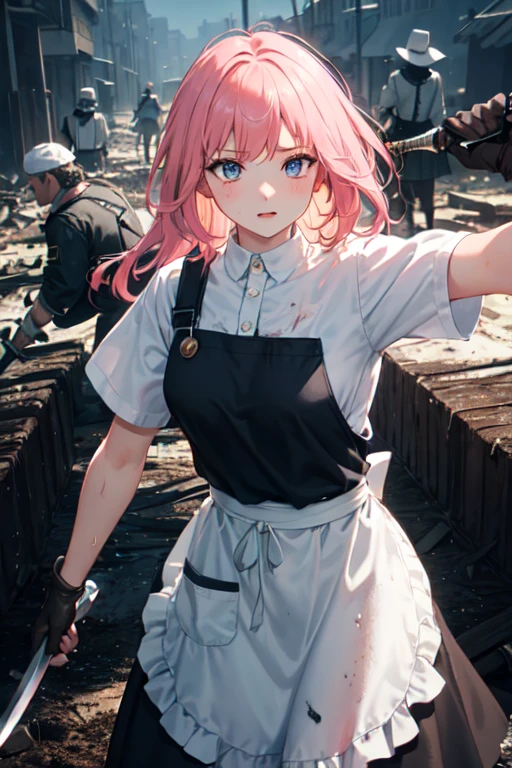 ((Highest quality)), ((masterpiece)), ((detailed)), ((Attention to detail))One girl, cute, Pink Hair, Blue Eyes, 
Fighting with a sword and shield, (Classic white and navy maid outfit, White apron), 
The skirt is long, Burning Battlefield, Western Great Sword, A strong enemy in front of me, (Clothes are dirty 1.6), ((My whole body is in tatters 1.6)), ((The clothes are covered in soot and mud..6)), (The skirt is cut), ((Apron is cut off 1.6)), ((Clothes cut and in tatters)), Dirty with mud and soot, (Dirty maid outfit), (Dirty apron), Intense Battle, 