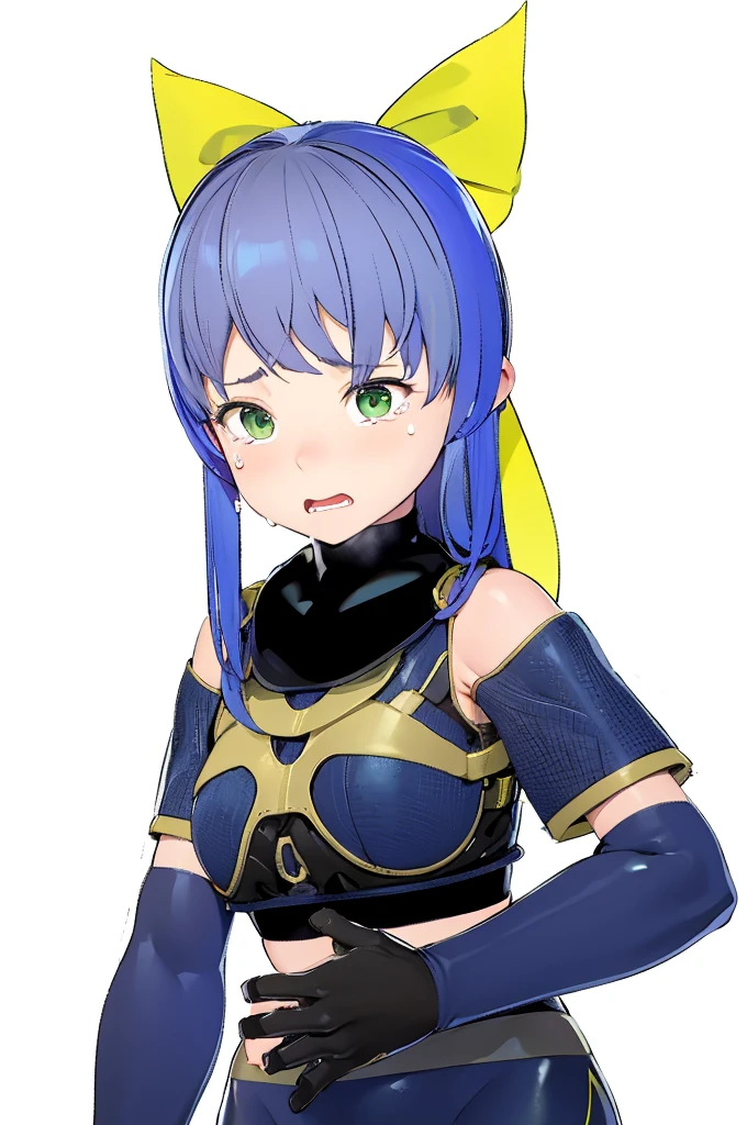 beautiful girl,,Scared,painful,cry,stomach ache,Green Eyes,Blue Hair,Yellow ribbon,Bodysuits,4K,8K,Highest quality