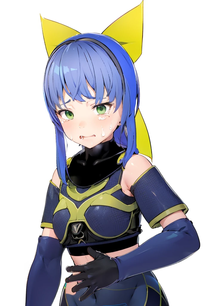 beautiful girl,,Scared,painful,cry,stomach ache,Green Eyes,Blue Hair,Yellow ribbon,Bodysuits,4K,8K,Highest quality