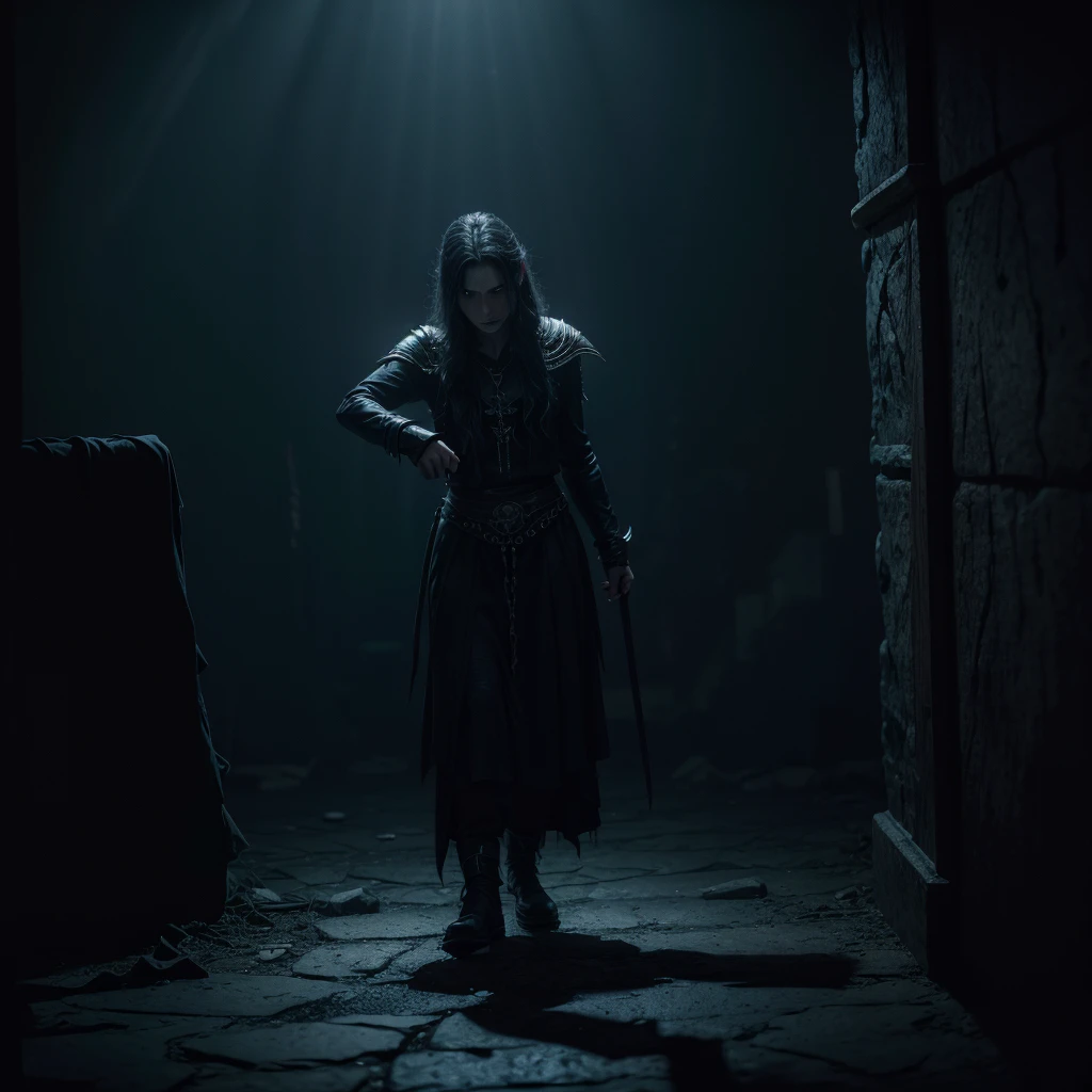a worshiper of mehrunes dagon, demonic ritual, dark fantasy, sinister, supernatural, occult, dark magic, chiaroscuro lighting, dramatic shadows, cinematic, dystopian, dramatic atmosphere, moody, brooding, mysterious, ominous, unsettling, intense, best quality, 8k, highres, masterpiece, ultra-detailed, photorealistic, vivid colors, dramatic lighting