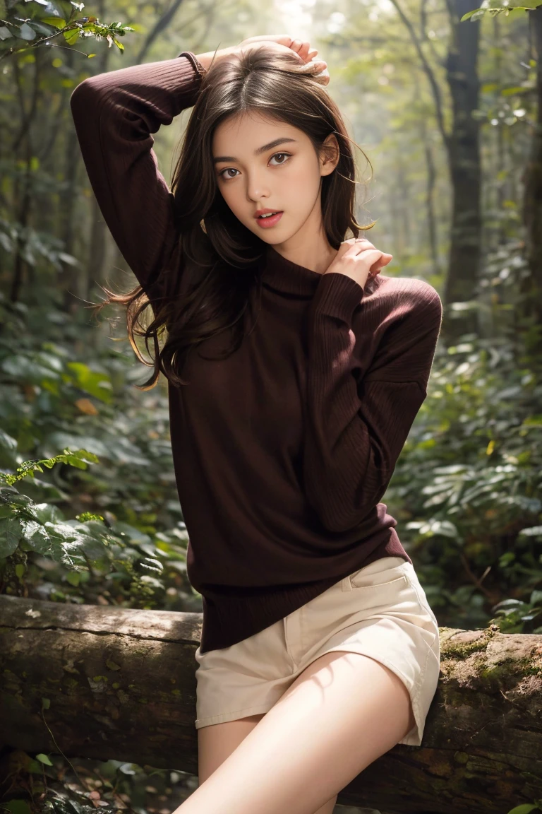 (best quality,Practical:1.2),(Dark brown hair:1.1),(French:1.1),(Sexy:1.1),(Slim body:1.1),(18 years old:1.1),(Handcuffs:1.1),(Short-sleeved sweater:1.1),(Roll up your sleeves:1.1),(Raise your hand:1.1),(Visible legs:1.1),(open mouth:1.1),illustration,forest,Delicate eyes,Delicate lips,HD,Professional lighting,Bright colors