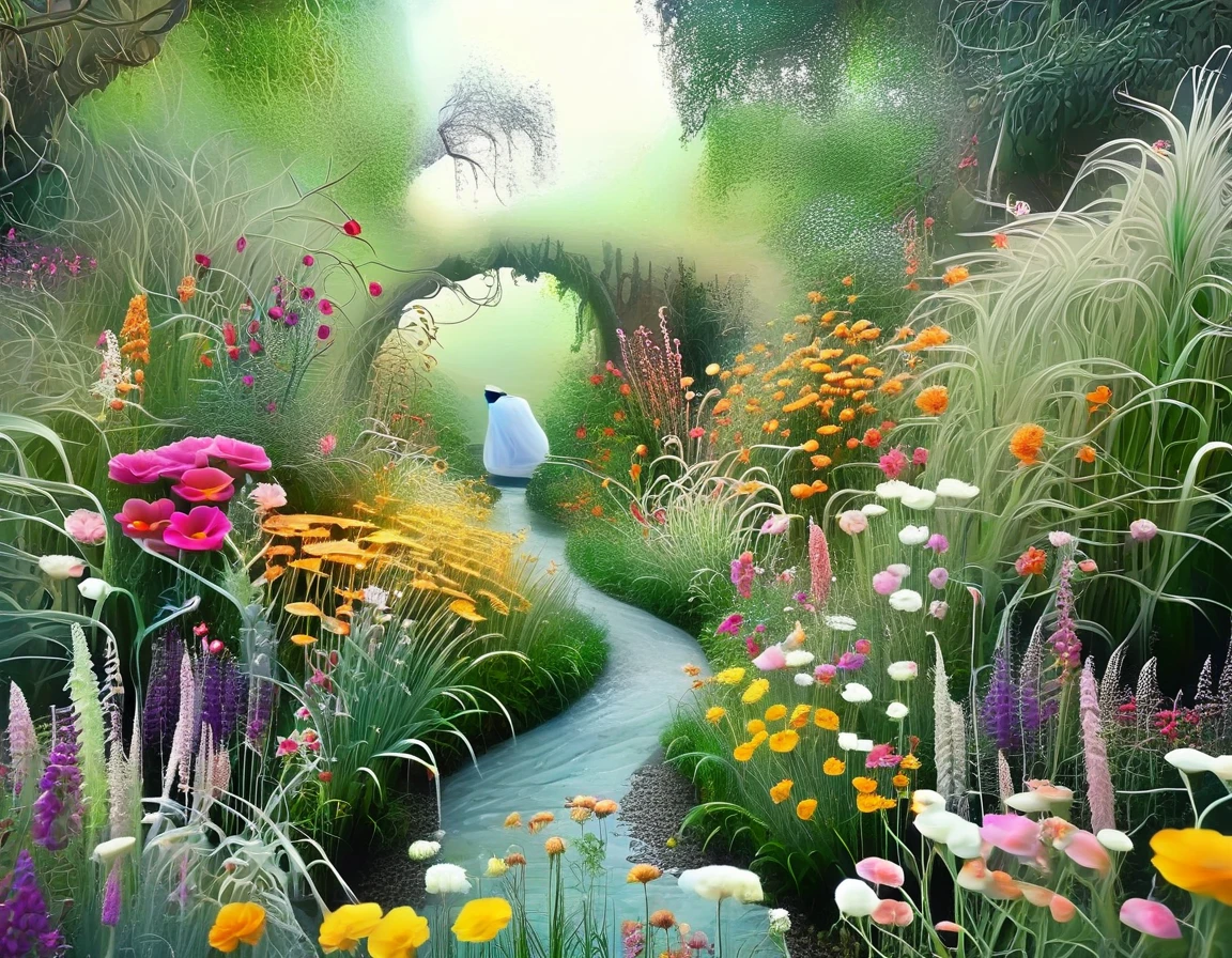 A whimsical scene featuring cartoonish versions of you and I meeting in a garden made of oversized, fantastical flowers and dreamy landscapes.