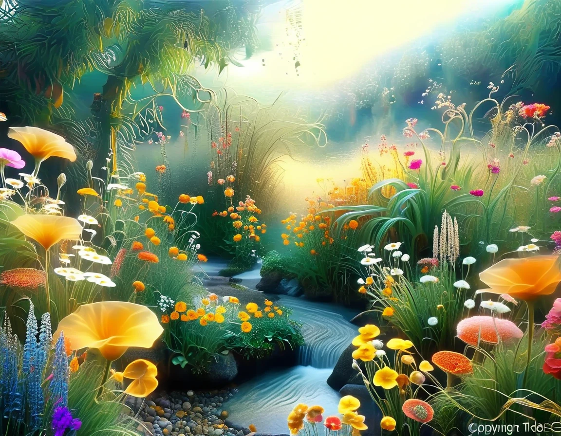 A whimsical scene featuring cartoonish versions of you and I meeting in a garden made of oversized, fantastical flowers and dreamy landscapes.