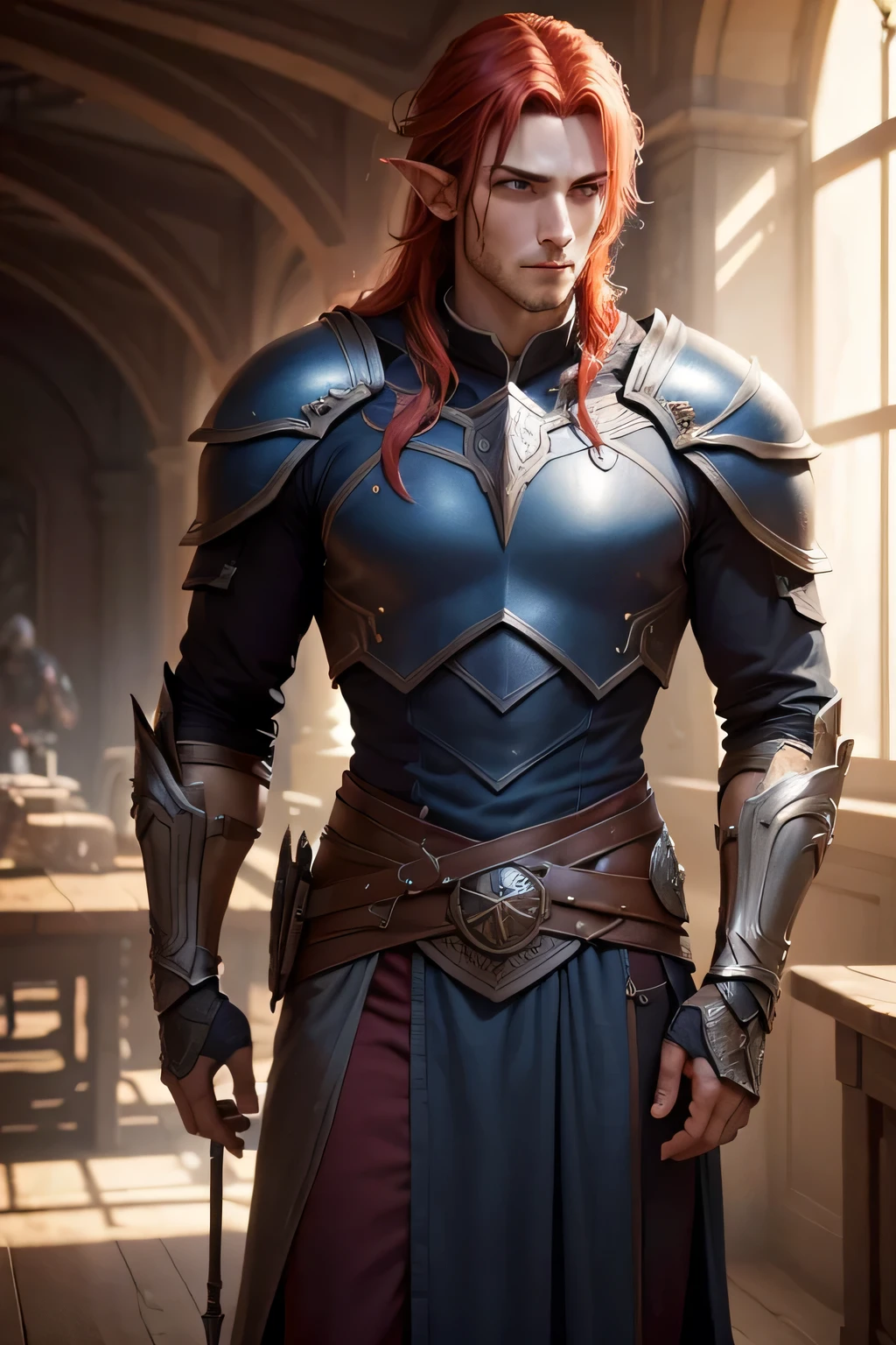 ((best qualityer)), ((work of art)), (detailded), 8K, 4K, hight contrast, work of art, 1 male dark elf adventurer , red hair ,blue elven armor, in the background magnificent valley ,similar to the works of JRR Tolkien, clear lighting, detailed shadows