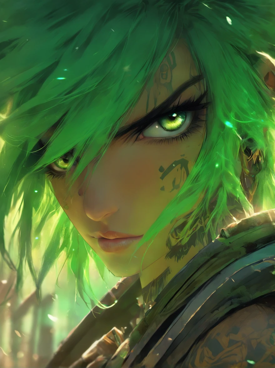 charlie bowater most beautiful post apocalyptic garoto pucka anime, green hair, espada katana, koreana highly detailed steampunk tactical gear, tons of tattoos and piercings, metal fragments blowing in the wind, post apocalyptic wasteland, highly detailed background, perfect masterpiece, high quality, Ouka_niji 5, colorful character faces, style of greg simkins, anime still image, bite, streaming on twitch, by Kanō Naizen, art magazine, sharp teeth, ouka_niji 5 + OC,  16:9