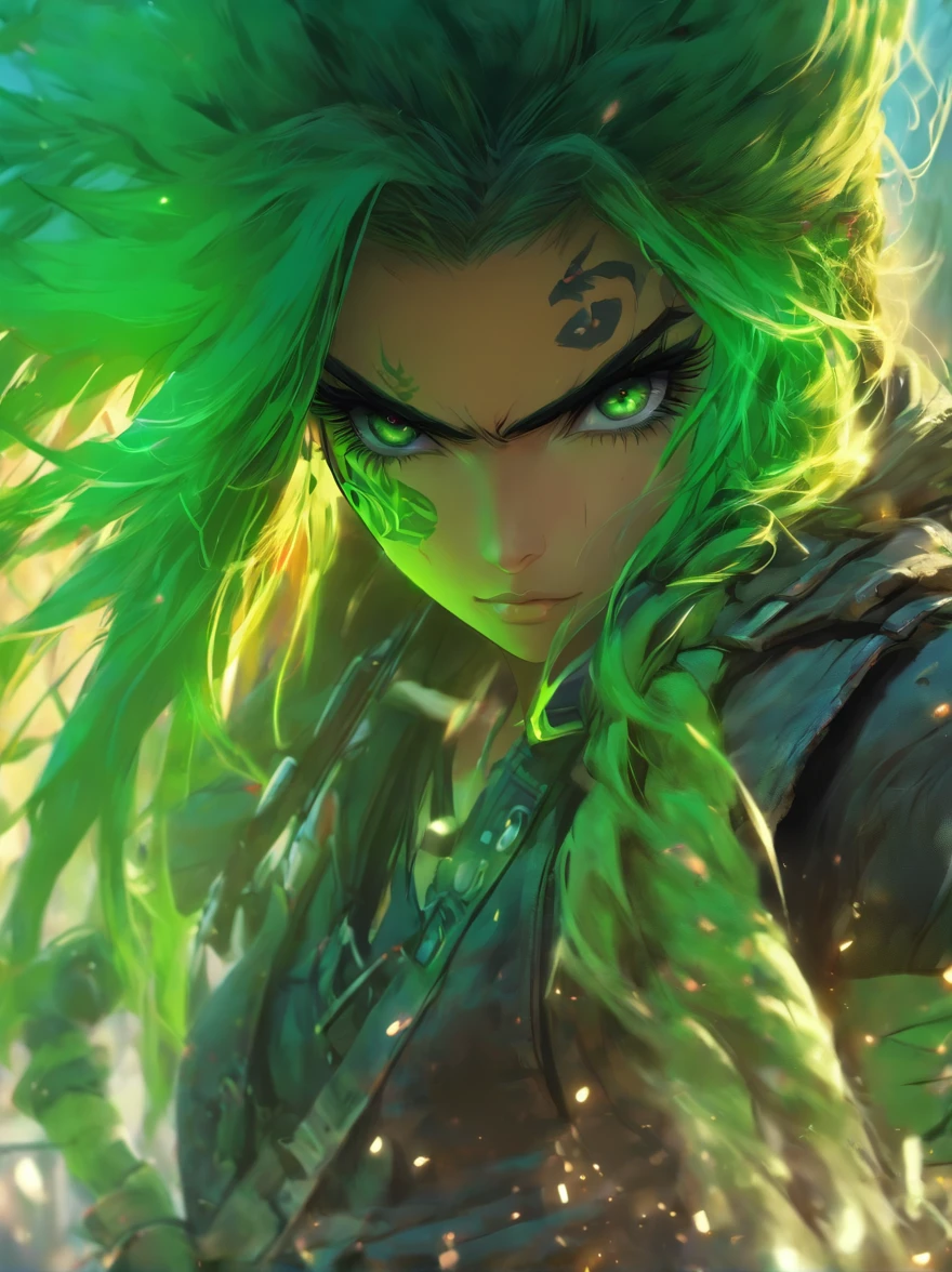 charlie bowater most beautiful post apocalyptic garoto pucka anime, green hair, espada katana, koreana highly detailed steampunk tactical gear, tons of tattoos and piercings, metal fragments blowing in the wind, post apocalyptic wasteland, highly detailed background, perfect masterpiece, high quality, Ouka_niji 5, colorful character faces, style of greg simkins, anime still image, bite, streaming on twitch, by Kanō Naizen, art magazine, sharp teeth, ouka_niji 5 + OC,  16:9