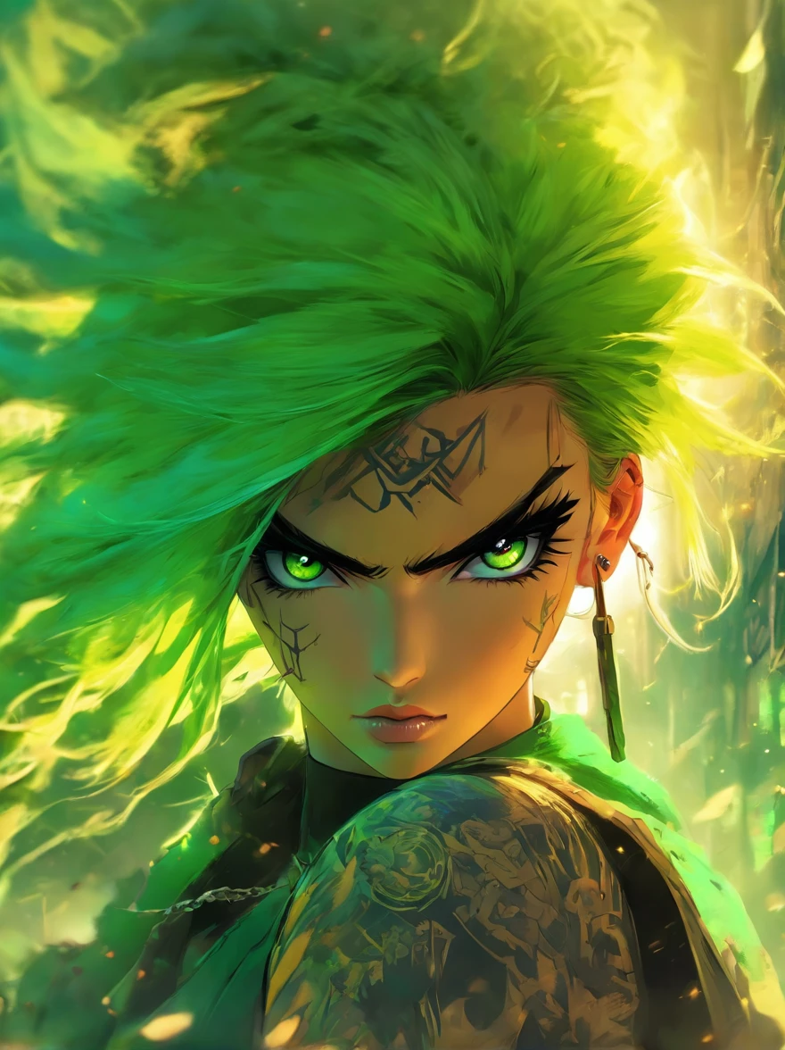 charlie bowater most beautiful post apocalyptic garoto pucka anime, green hair, espada katana, koreana highly detailed steampunk tactical gear, tons of tattoos and piercings, metal fragments blowing in the wind, post apocalyptic wasteland, highly detailed background, perfect masterpiece, high quality, Ouka_niji 5, colorful character faces, style of greg simkins, anime still image, bite, streaming on twitch, by Kanō Naizen, art magazine, sharp teeth, ouka_niji 5 + OC,  16:9