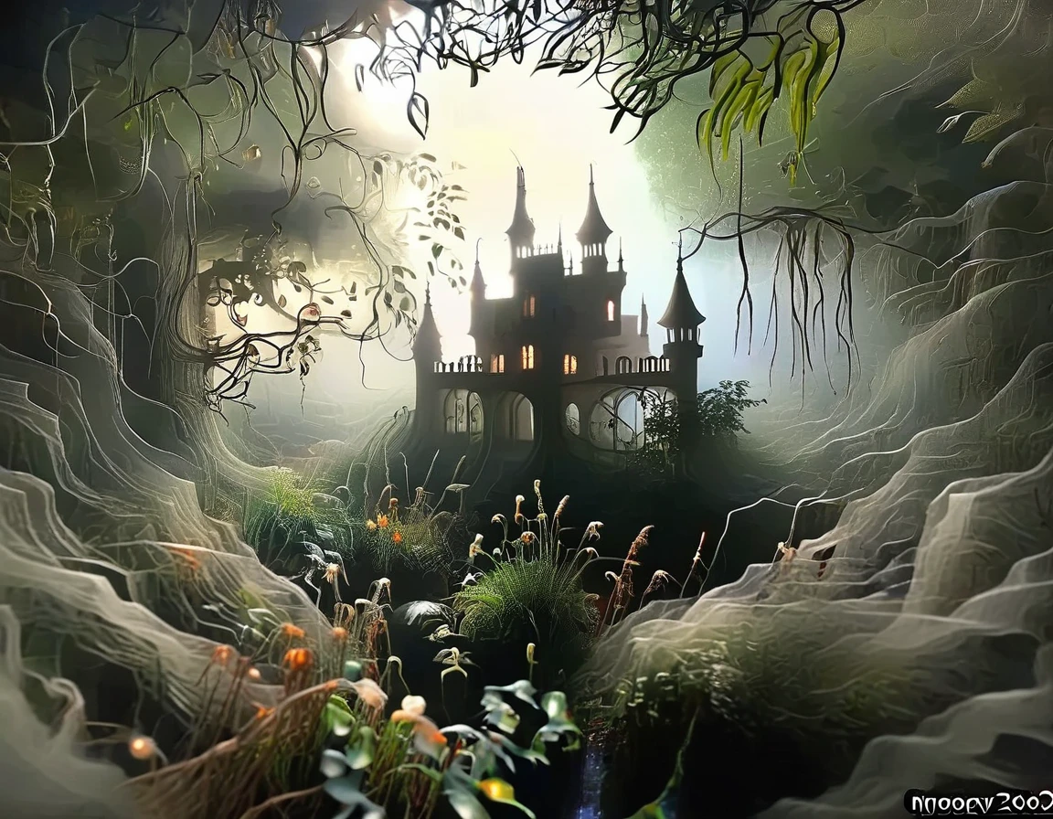 An eerie and haunted dream palace surrounded by a garden of twisted, ghostly trees. Shadows and fog add a mysterious and unsettling atmosphere.