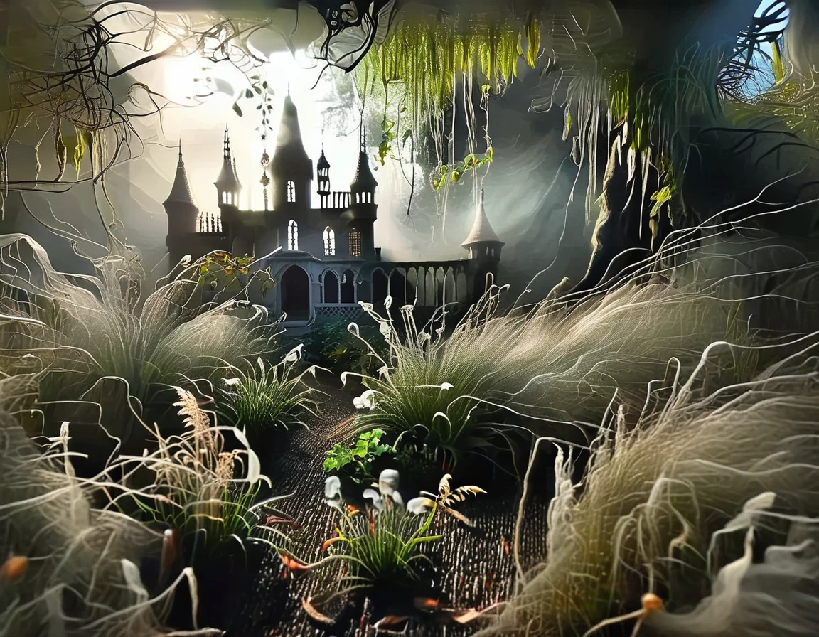 An eerie and haunted dream palace surrounded by a garden of twisted, ghostly trees. Shadows and fog add a mysterious and unsettling atmosphere.