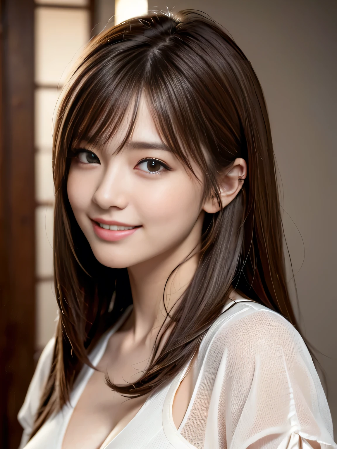 (Raw photo, Best Quality), (Realistic, Photorealsitic:1.4), masterpiece, extremely delicate and beautiful, Extremely detailed, 8k wallpaper, amazing, finely detail, extremely detailed CG Unity, hight resolution, 1 japanese woman, cowboyshot, Soft light, beautiful detailed women, 25 years old, extremely detailed eye and face, beautiful detailed nose, Beautiful detailed eyes, Cinematic lighting, Perfect Anatomy, Glamour, (Mischievous smile), (hair messy, asymmetrical bangs, light brown hair), (neat and clean clothing), (layering clothing), 