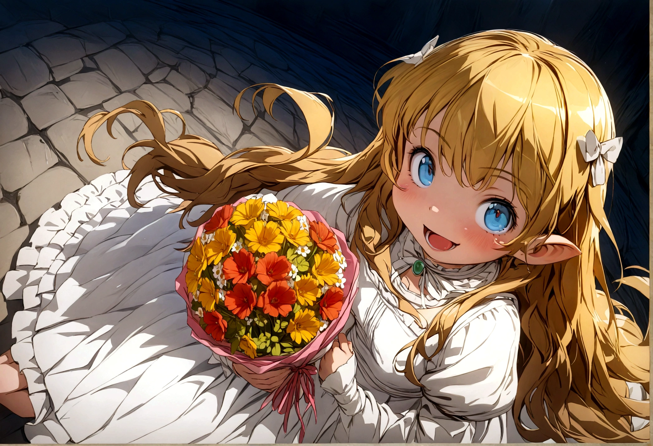 (((Top quality, 4k, 8k, high resolution, masterpiece: 1.2))), (super detailed), (realistic), (photorealistic), (photorealistic: 1.37), (HDR, UHD), (studio (lighting)), ultra-fine drawing, sharp focus, physically based rendering, highly detailed, professional, vibrant colors, perfect ditaile hand, highly detailed realistic eyes,
fantasy, Dwarf, Short, Short legs, Chibi, smile, Holding a bouquet, medieval European clothing,
anime, cartoon, kawaii, qute,
smile, Laughter, Mouth open, eyes slightly downcast,
Medieval European Village,
(((Long shot, Distant view))),
knees, feet,
looking at viewer,