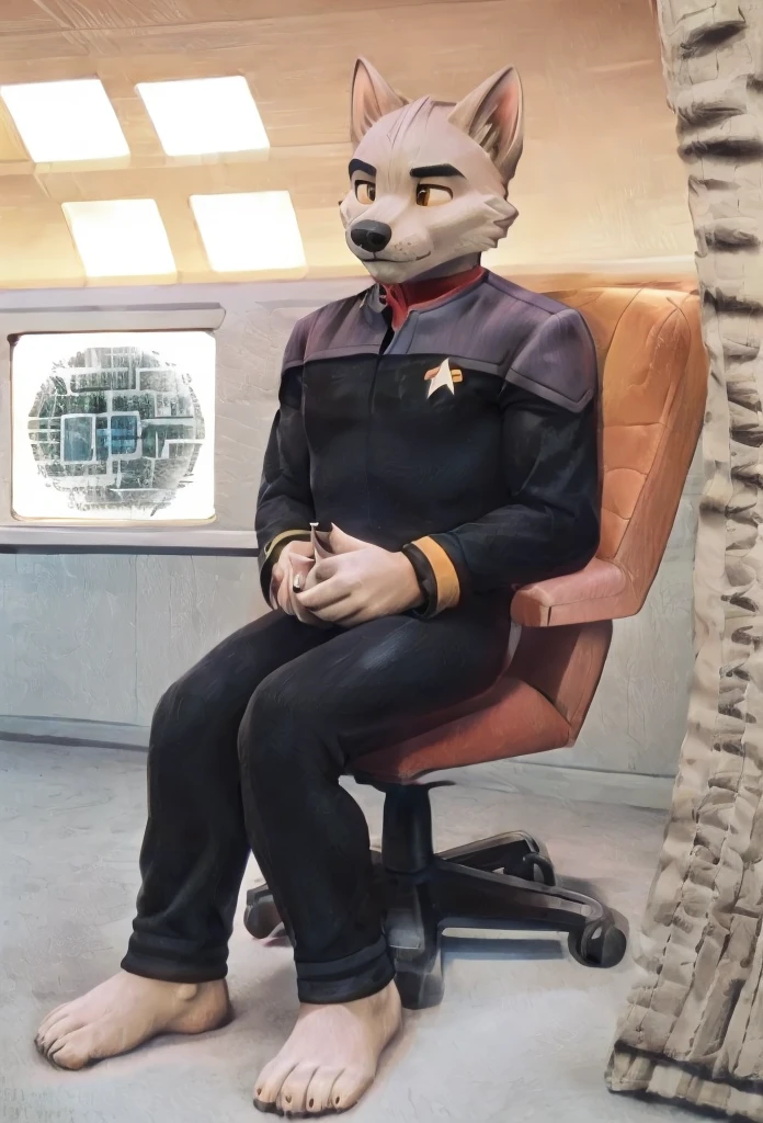 (((Barefoot furry character, full body, cinematic setting, furry male, plantigrade))) 

(((Bolt))) (anthro dog with white fur, very cute and young looking face, big black snout), exudes confidence and authority as he sits in the captain's chair, and his (((Star Trek DS9 uniform))) with the Starfleet Delta badge on his chest is a perfect match for his muscular figure. Handsome clawed feet paws dominate the bridge of the star ship and its crew. (((black and grey ds9st uniform with red collar))). ((Bridge of Star Trek starship with many screens and consoles as background)), futuristic look, metalic. anatomically correct, Long black pants, black shirt with gray shoulders, red collar.

BREAK, intricate details, highly detailed, extreme detail, octane render, fine art, best quality, highres, (detailed face:1.5), ((full_body)), UHD, (((perfect hands))), low light