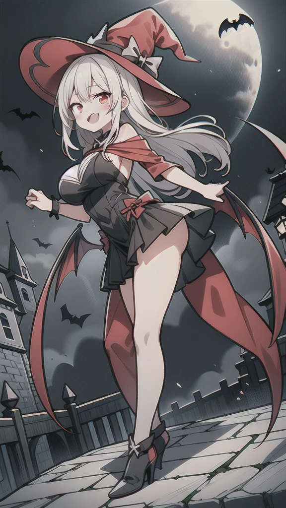 8K,  1girl, solo, sexy vampire witch, white long hair, bright red eyes, showing fangs, bat wings, smile, (blush), (shy), looking at viewer,  dynamic angle, fantastic scenery castle, big breast, show full body, magical girl, maho shojo, Gushing Over Magical Girls, white hair, red eyes, black witch hat, demon tail, long hair, big ass, bloody 