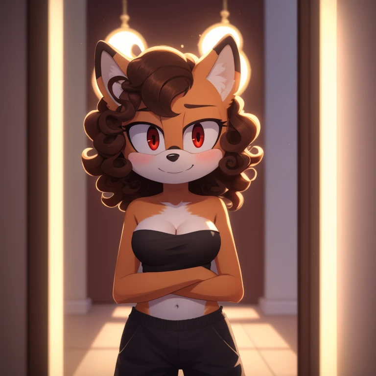 mobian, solo, hedgehog, two-tone fur ((orange fur, brown fur)), strapless crop top, baggy pants, cleavage, two-tone hair (brown hair, black tip)), curly hair, halo, sunglasses, jewelry, red eyes, longeyelashes, red eyes, smile, shy, blush,  framed, stereogram, image fill, viewfinder, depth of field, high details, high detail, masterpiece, UHD, anatomically correct, super detail, highres, 4K