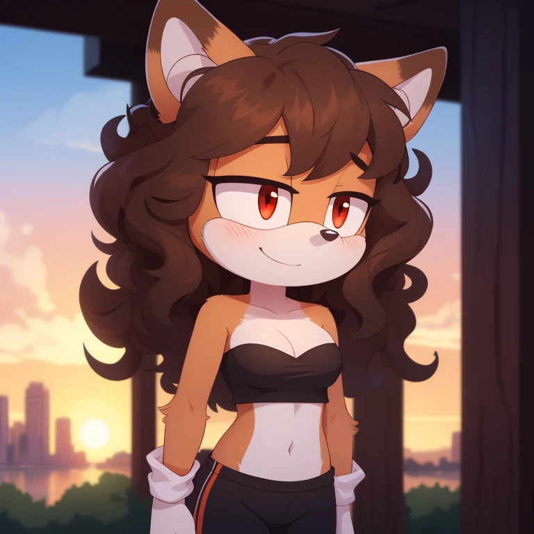 mobian, solo, hedgehog, two-tone fur ((orange fur, brown fur)), strapless crop top, baggy pants, cleavage, two-tone hair (brown hair, black tip)), curly hair, halo, sunglasses, jewelry, red eyes, longeyelashes, red eyes, smile, shy, blush,  framed, stereogram, image fill, viewfinder, depth of field, high details, high detail, masterpiece, UHD, anatomically correct, super detail, highres, 4K