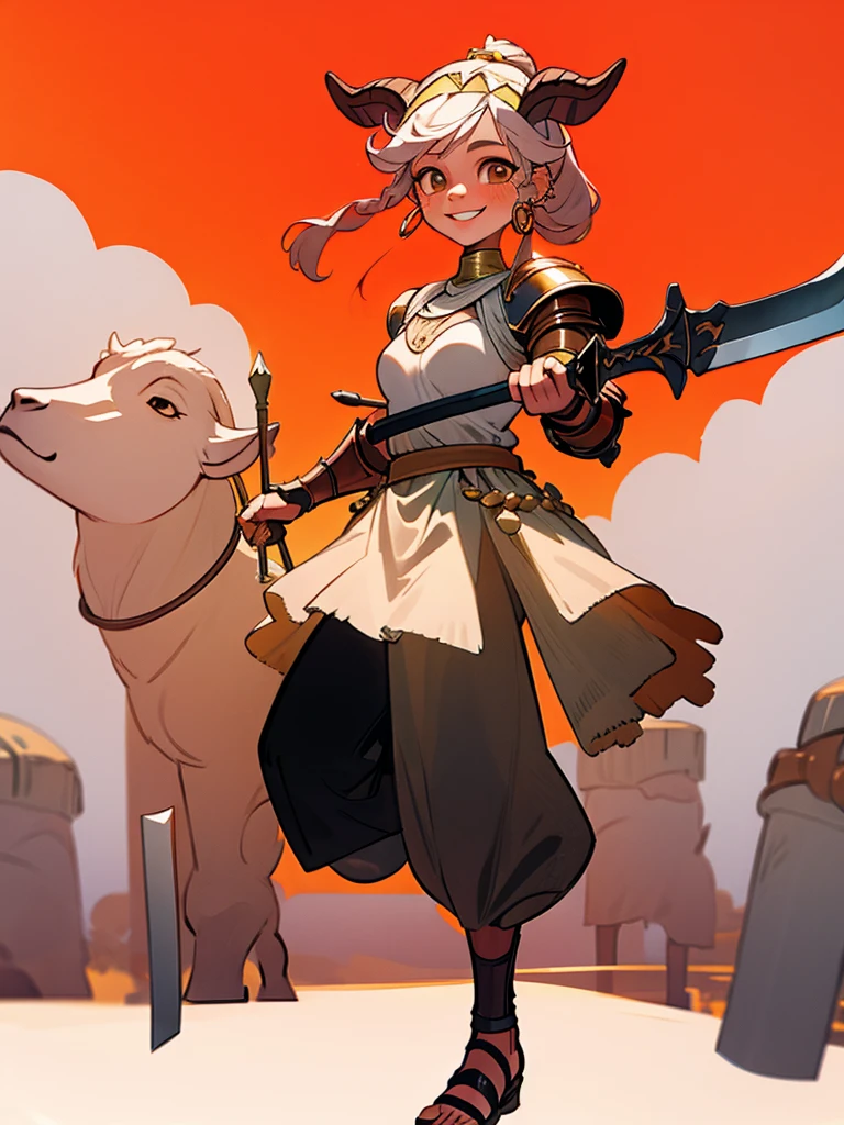 1girl,goat_girl, goat_ears, smile, solo, wearing roman armor, gladiator flat sandals, gladiator skirt, humanoid feet, holding sword, nose ring, septum piercing ring