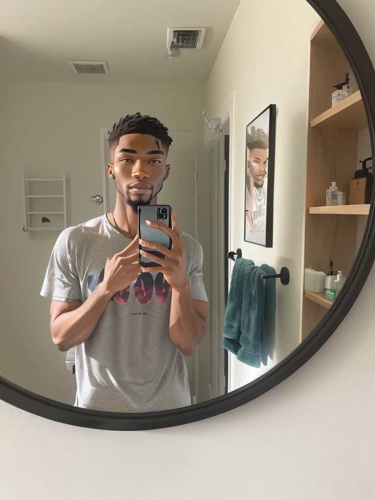 Black muscular man taking a selfie in a mirror in a bathroom, mirror selfie, standing in front of a mirror, very accurate photo, selfie of a man, 8k selfie photograph, in bathroom, iphone selfie, looking in the mirror, wearing a t-shirt and shorts, looking in mirror, taking a selfie, standing in corner of room, selfie shot straight on angle