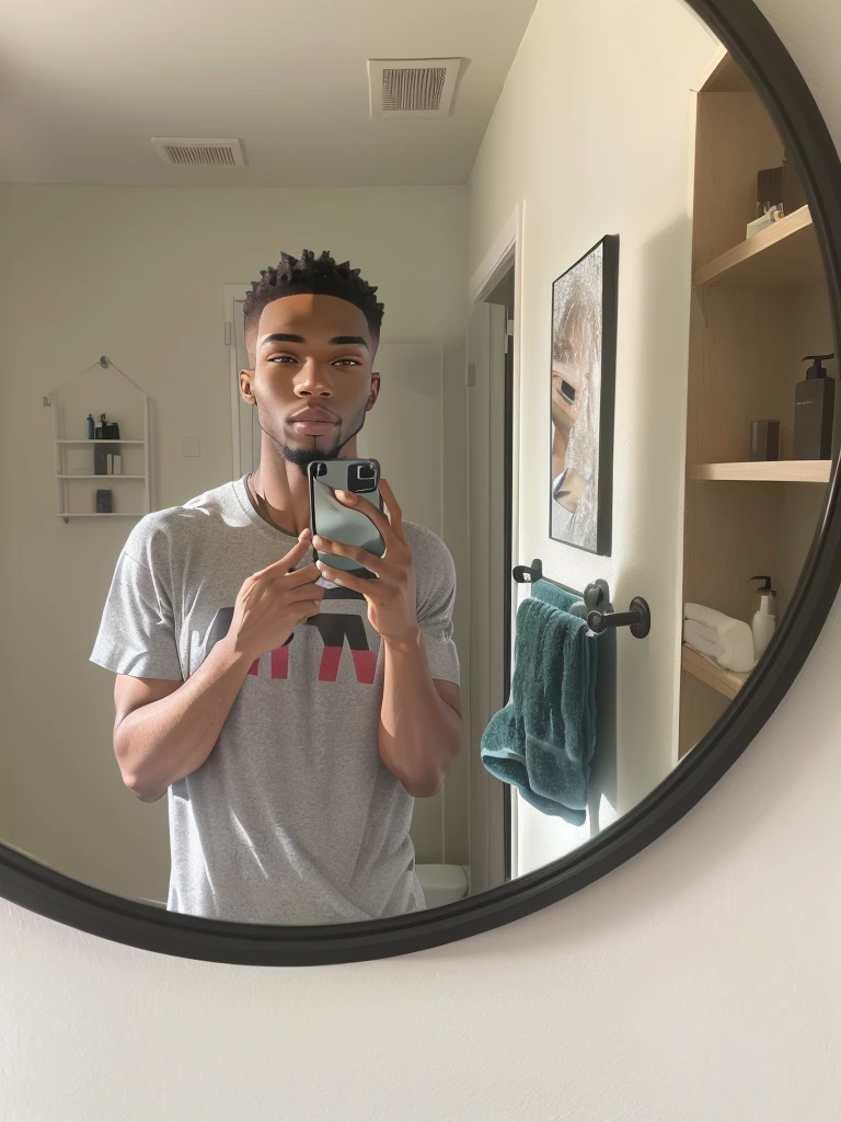 Black muscular man taking a selfie in a mirror in a bathroom, mirror selfie, standing in front of a mirror, very accurate photo, selfie of a man, 8k selfie photograph, in bathroom, iphone selfie, looking in the mirror, wearing a t-shirt and shorts, looking in mirror, taking a selfie, standing in corner of room, selfie shot straight on angle