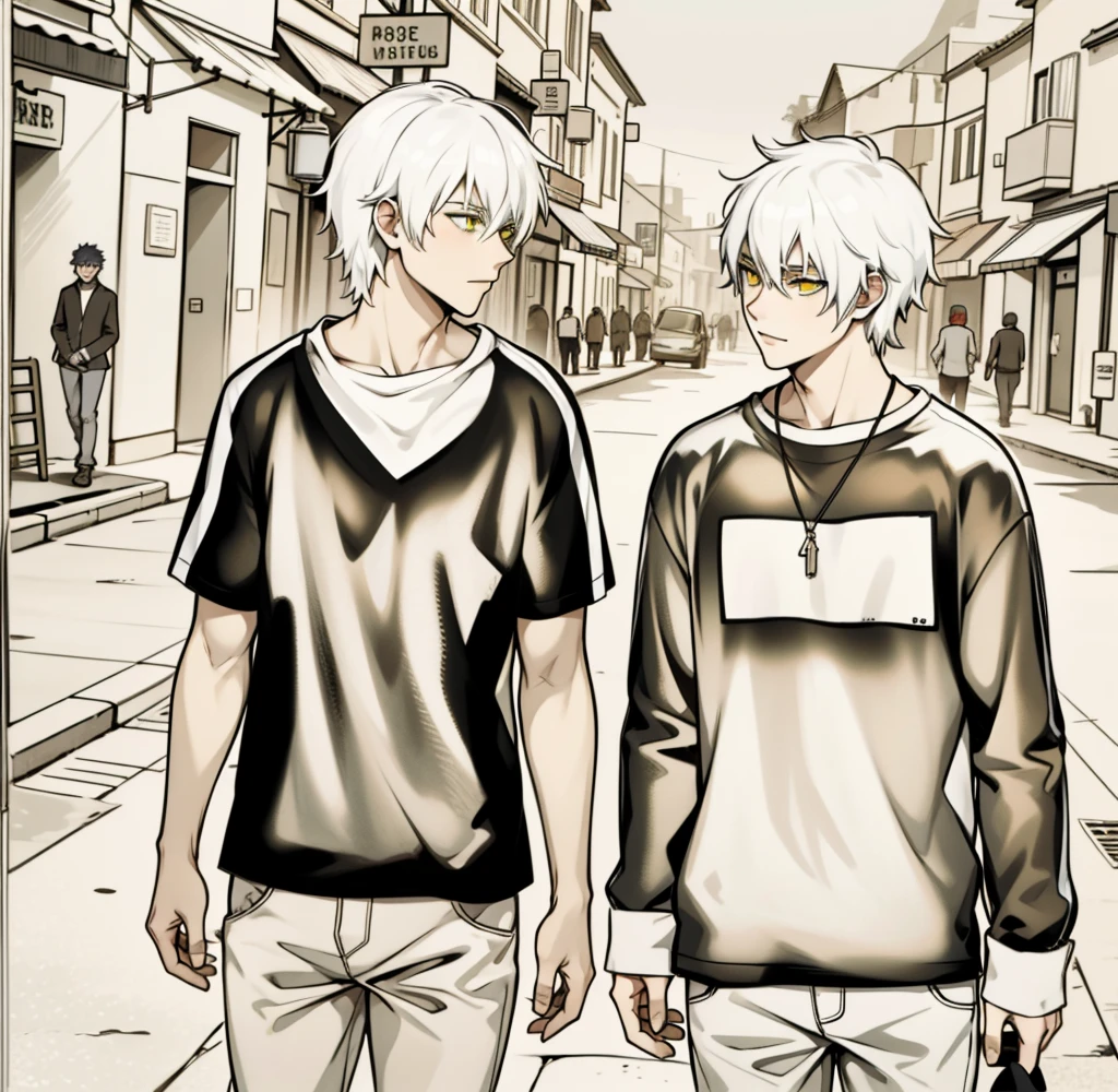 There are two boys with white hair, 18 years old, they have yellow eyes, they are talking and walking through the streets of a town.