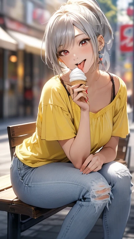 Film Portrait Photography, 1 Female, Dynamic Angle, Dynamic pose, Hand Focus, (((Eat soft-serve ice cream))), ((Sticking out tongue)), Bright smile, Smile, Beautiful woman, Red eyes, Straight hair, ponytail, Grey Hair, Medium Hair, Woman in yellow shirt, Lady, Wear jeans, (Natural skin texture and vivid details, Ultra-realistic)