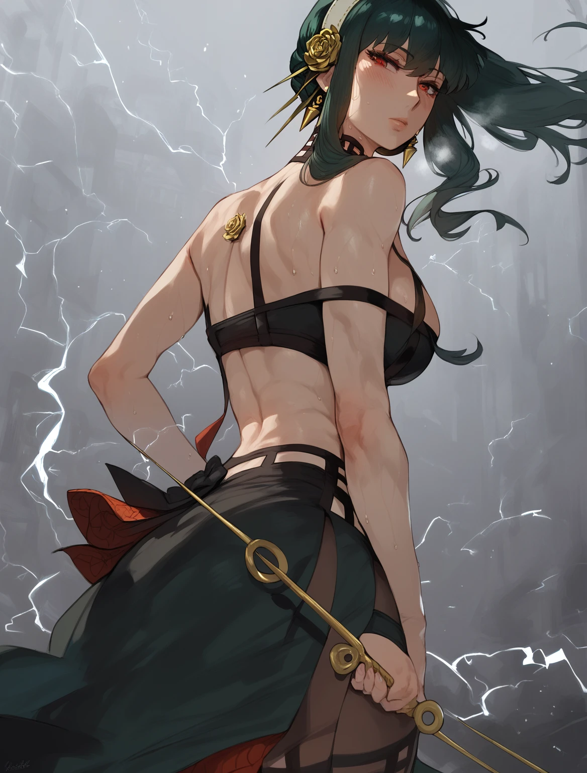 score_9, score_8_up, score_7_up, score_6_up, uncensored, Yor Briar, black hair, earrings, white hairband, hairband, long hair, sidelocks, red eyes, sweating, BREAK (masterpiece:1.2), best quality, high resolution, (detailed eyes:1.3), perfect lighting, (perfect hands, perfect anatomy), trembling, electricity, large breasts, rating:safe, 1girl, solo, bow_(weapon), muscle, weapon, back, breasts, tattoo, muscular_female, from_behind, looking_back, quiver, expressionless, hollow eyes,