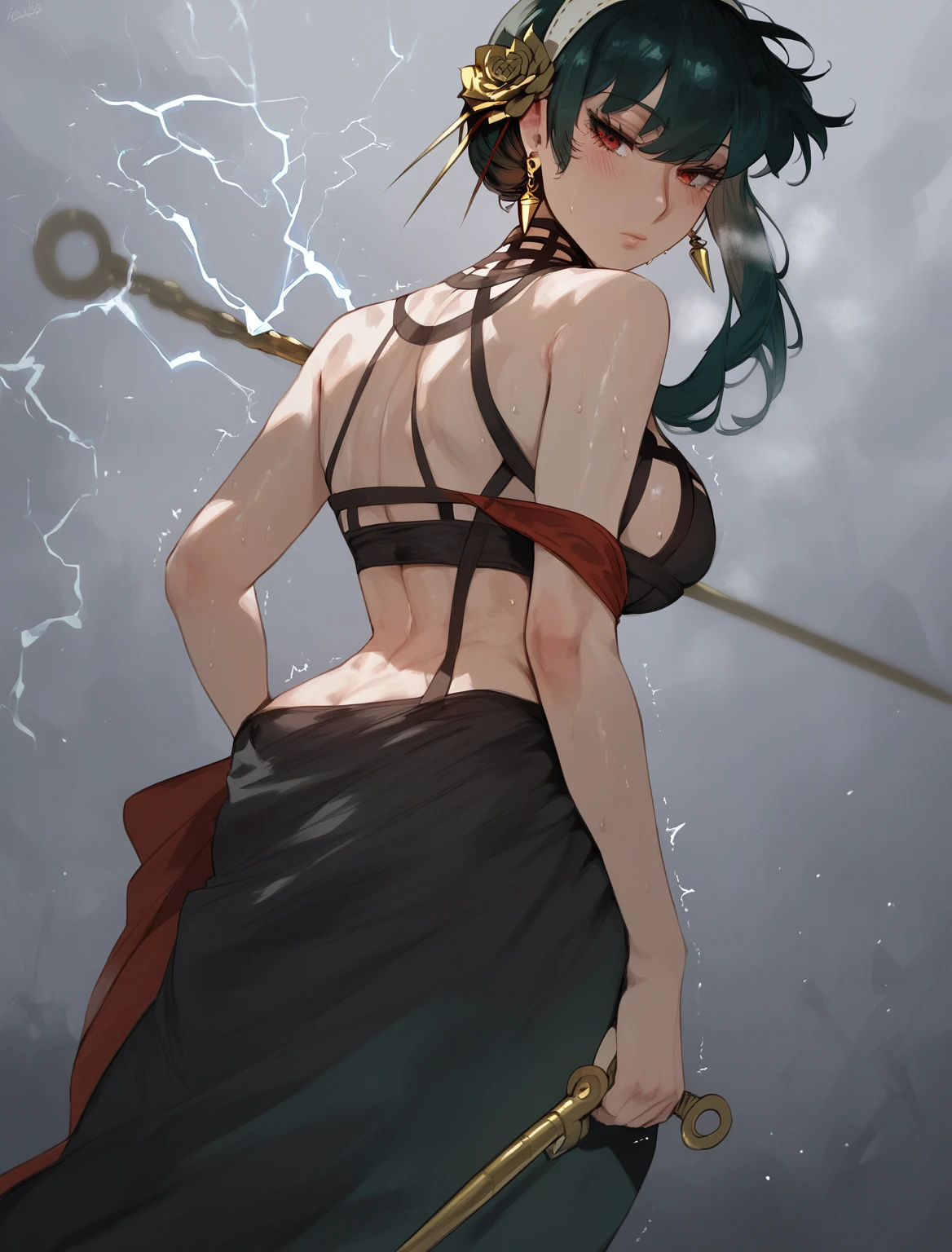 score_9, score_8_up, score_7_up, score_6_up, uncensored, Yor Briar, black hair, earrings, white hairband, hairband, long hair, sidelocks, red eyes, sweating, BREAK (masterpiece:1.2), best quality, high resolution, (detailed eyes:1.3), perfect lighting, (perfect hands, perfect anatomy), trembling, electricity, large breasts, rating:safe, 1girl, solo, bow_(weapon), muscle, weapon, back, breasts, tattoo, muscular_female, from_behind, looking_back, quiver, expressionless, hollow eyes,