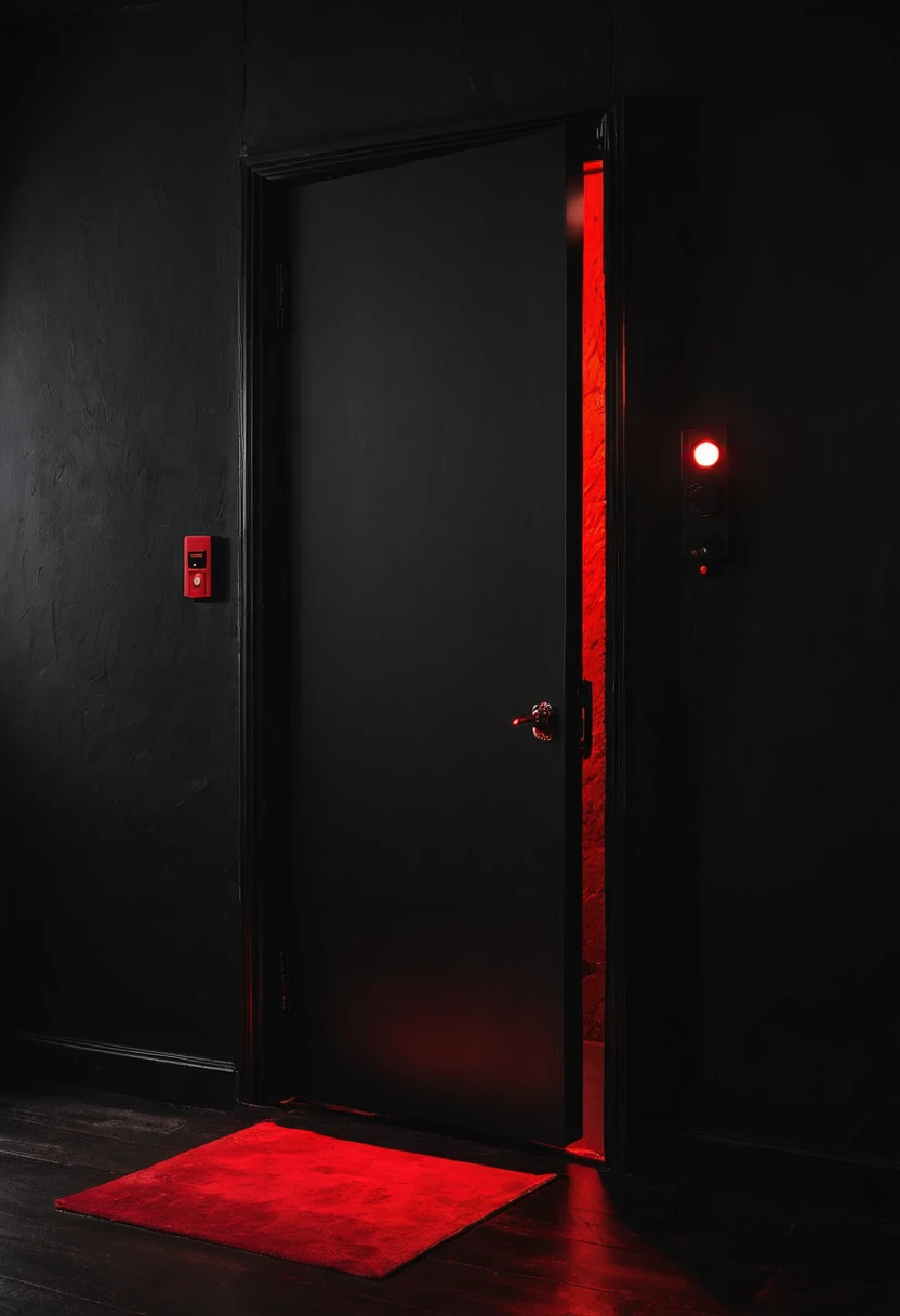 darkness, a black wall. With a door open to the maximum with a bright red light coming from inside the door.