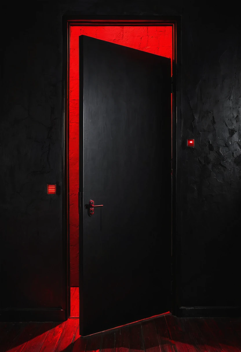 darkness, a black wall. With a door open to the maximum with a bright red light coming from inside the door.