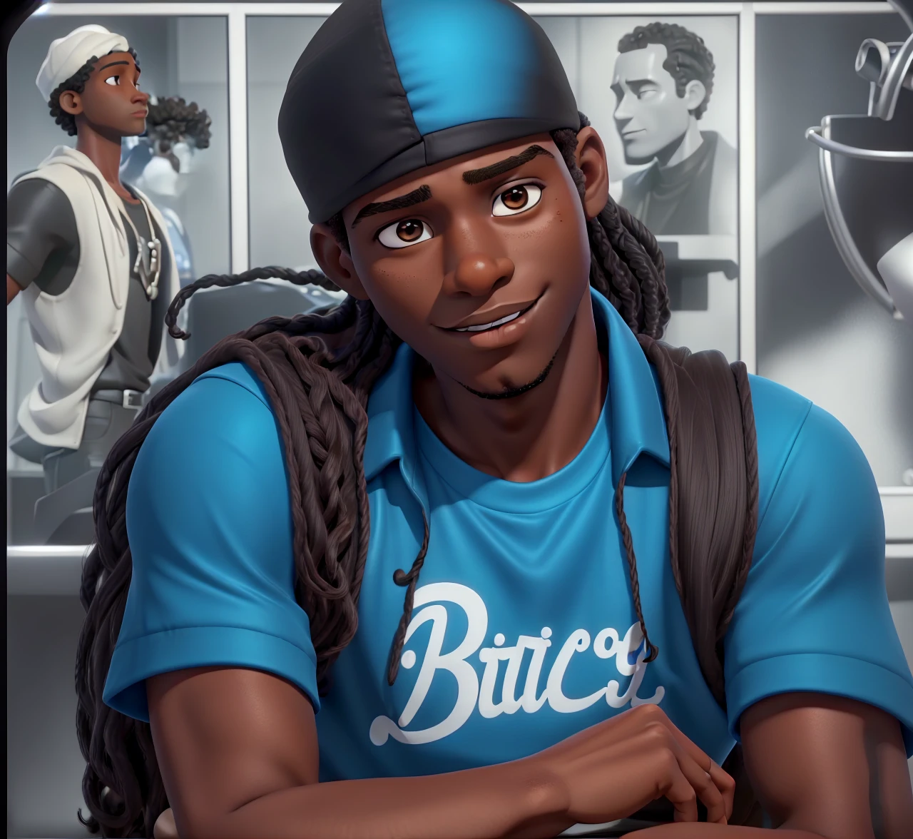 jeune homme noir, Very realistic face, cihgano, beautiful curly hair, de face, peau noire, dark skinned, very beautiful, ((peau noire)), Jeune homme, 16 ans, Young man black three beau, souriant, joyeux, ((peau noire)), dark skinned, (brown eyes), vêtu d&#39;un t-shirt black, looking directly at the camera, fond clair, Soft Light, details of the cheveux bouclés well defined, ambiance photographique, couleurs vives. Medium: Realistic painting, best quality, ultra-detailed, sharp focus, physically-based rendering, professional, vivid colors, texto “I reincarnated as a bully”