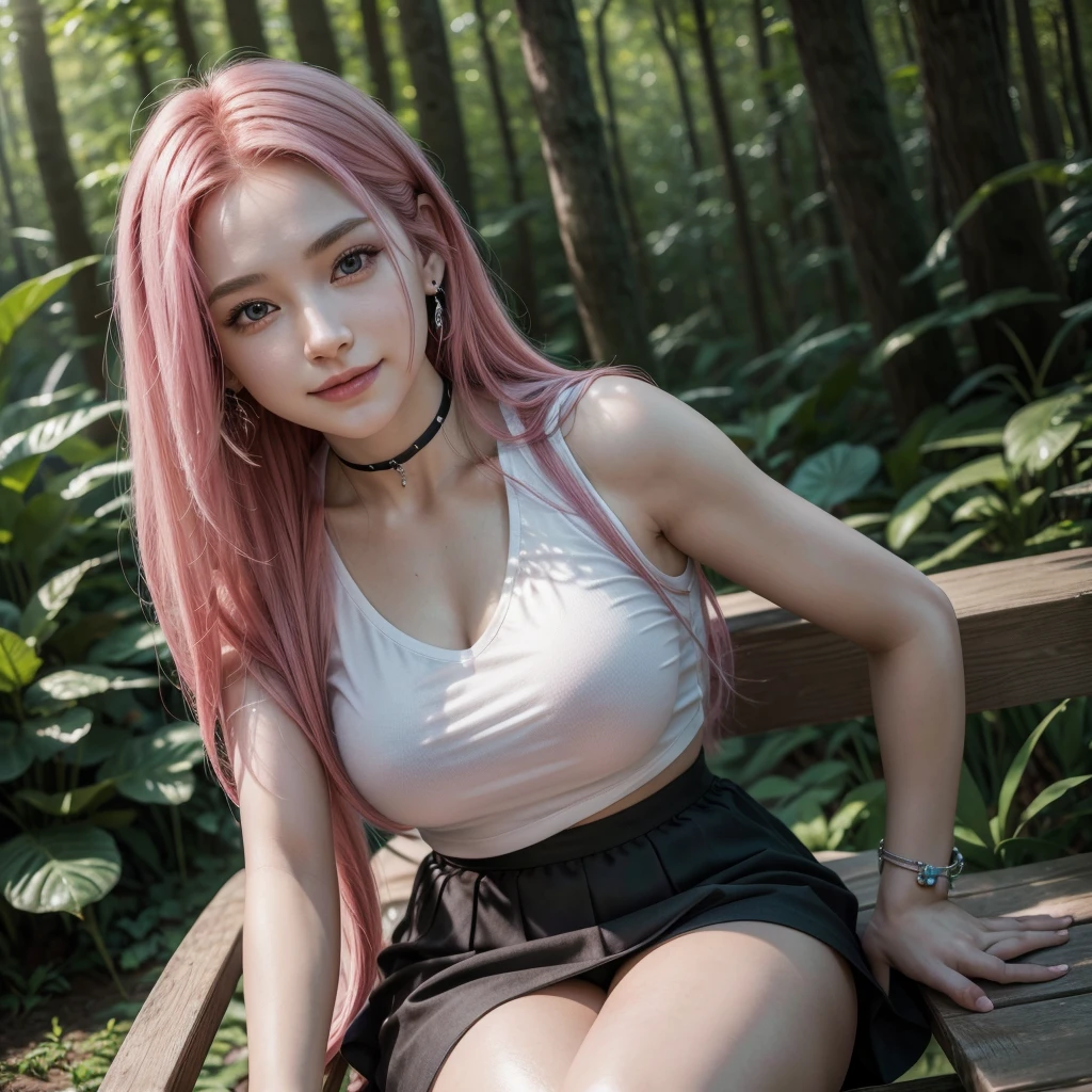 a beautiful girl with long pink hair, sitting alone and smiling on a chair outdoors, in a blurred forest background, wearing a black mini skirt and a white t-shirt, with a choker, bracelets, and earrings, detailed beautiful eyes, nose, and lips, medium-sized breasts, ideal female body ???????, no deformations, (best quality,8k,highres,masterpiece:1.2),ultra-detailed,(realistic,photorealistic,photo-realistic:1.37),HDR,vivid colors,studio lighting