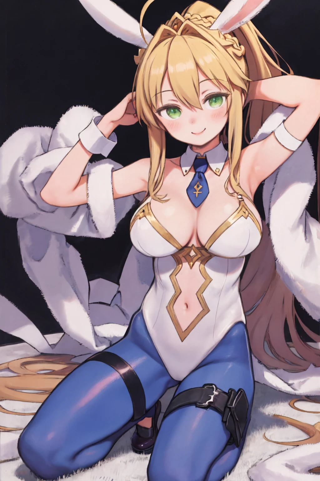 masterpiece, best quality, absurdres, soft lighting, looking at viewer, solo, light_smile, shy,
1girl, ahoge, rabbit ears, playboy bunny, artoria pendragon \(swimsuit ruler\) \(fate\), large breasts , blonde hair, green eyes, french braid, pony tail
bare shoulders, large breasts , cleavage,
clothing cut out, wrist cuffs, detached collar, navel cutout, feather boa,
white leotard, blue necktie, blue pantyhose, single thigh strap, hands_on_head,put_hands_up,
squat,gorgeous_background,solo,rabbit_posing,large_thighs,Extend_fingers,palm,open_legs,.solo