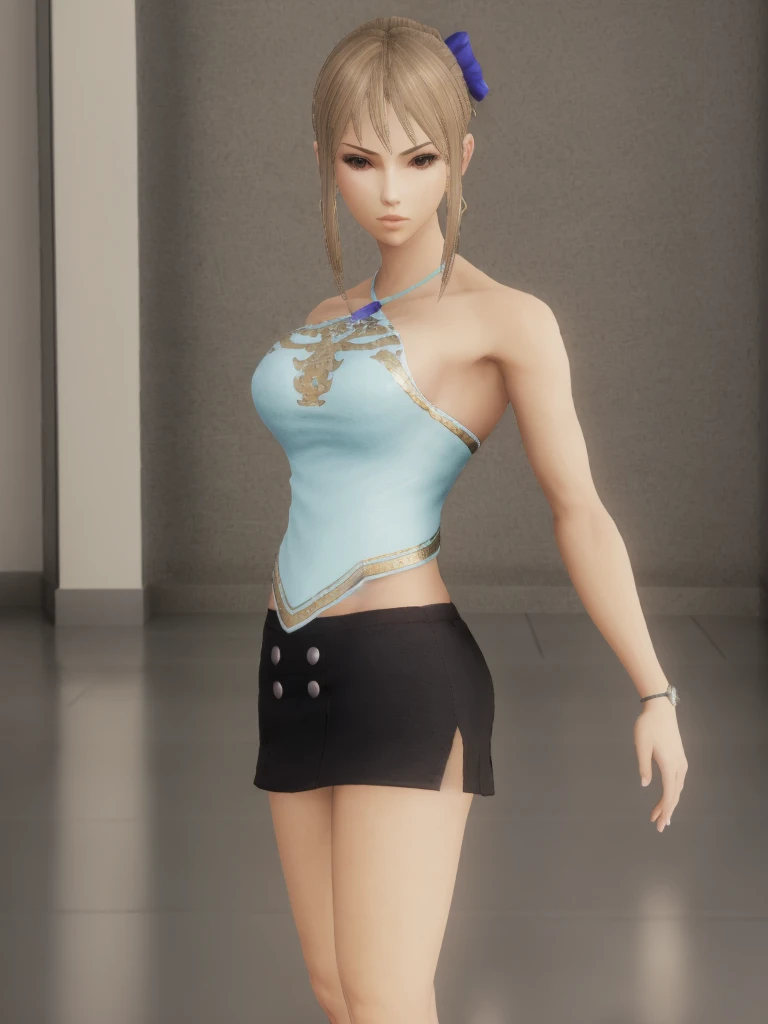 Close-up of woman in short skirt and blue top, Elegant Posture, royal Elegant Posture, Very detailed, The whole body is rich in detail, 8k Octave Rendering Photo, Imperial posture, Realistic anime girl rendering, The charming Jill Valentine, return, Play Style：Square Enix, Elegant posture, Realistic shadows perfect figure, Realistic perfect body，Visible throughout the body，Perfect legs，High heel