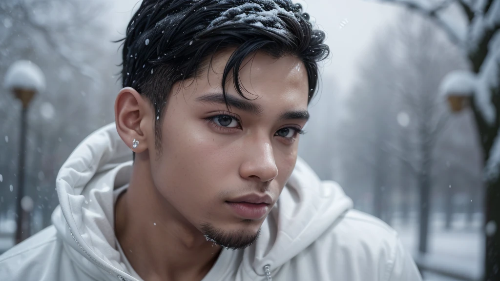 A rapper singer on the side with low fide hair and it snowed. He has dark skin and looks to the right.