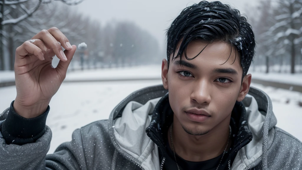 A rapper singer on the side with low fide hair and it snowed. He has dark skin and looks to the right.