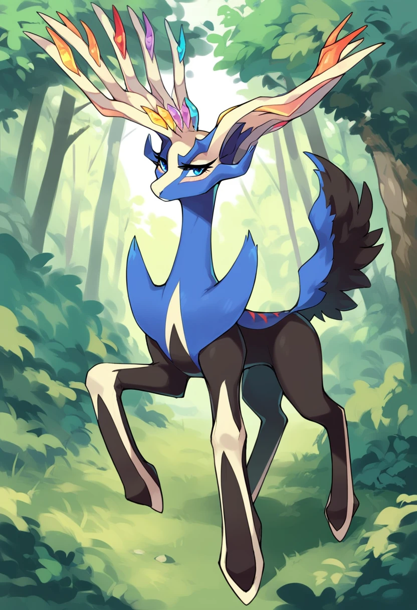 score_9, score_8_up, score_7_up, solo, Xerneas, (close-up), forest, nature, deer, stunning scenery, full body, looking at the viewer
