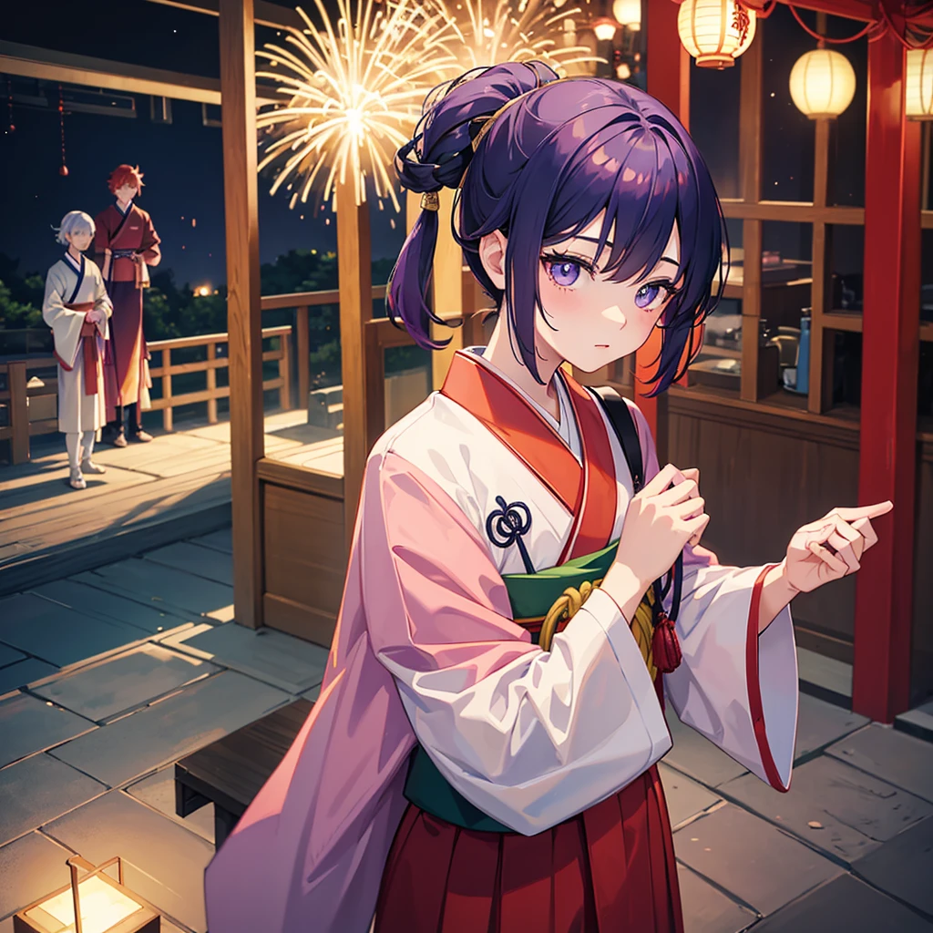 A young boy, with dark blue hair and dark blue eyes, wearing a Japanese uniform. A young girl with white hair, pink eyes, wearing a pink Japanese uniform. A cute girl with short red hair, yellow eyes, wearing a red Japanese uniform. A young boy, a boy, with green hair, wide green eyes, wearing a Japanese uniform. In green color, and with him is a boy. A boy with orange hair color and green eyes, wearing a Japanese uniform. In orange color with him, a boy with purple hair color and violet eyes, and wearing a Japanese uniform in purple color. They are at a party in Japan at night with fireworks and Japanese houses, and it says below, Family Legends Satore, and they are 5 friends together. 