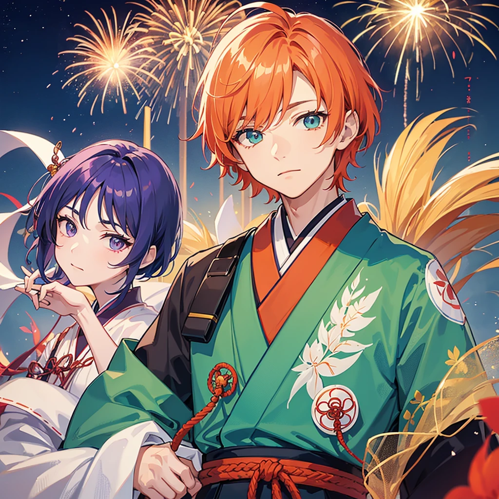 A young boy, with dark blue hair and dark blue eyes, wearing a Japanese uniform. A young girl with white hair, pink eyes, wearing a pink Japanese uniform. A cute girl with short red hair, yellow eyes, wearing a red Japanese uniform. A young boy, a boy, with green hair, wide green eyes, wearing a Japanese uniform. In green color, and with him is a boy. A boy with orange hair color and green eyes, wearing a Japanese uniform. In orange color with him, a boy with purple hair color and violet eyes, and wearing a Japanese uniform in purple color. They are at a party in Japan at night with fireworks and Japanese houses, and it says below, Family Legends Satore, and they are 5 friends together. 