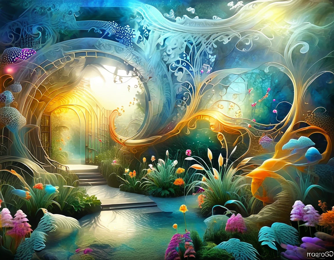 The dream palace and garden rendered in abstract fractal geometry, with intricate patterns and colors that evoke a sense of infinite possibilities.