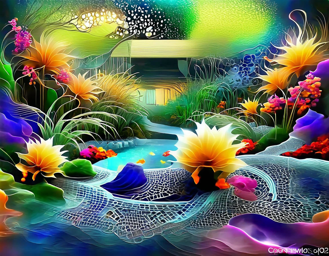 The dream palace and garden rendered in abstract fractal geometry, with intricate patterns and colors that evoke a sense of infinite possibilities.