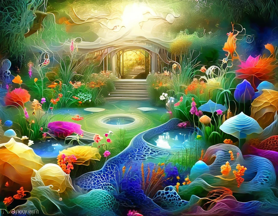 The dream palace and garden rendered in abstract fractal geometry, with intricate patterns and colors that evoke a sense of infinite possibilities.