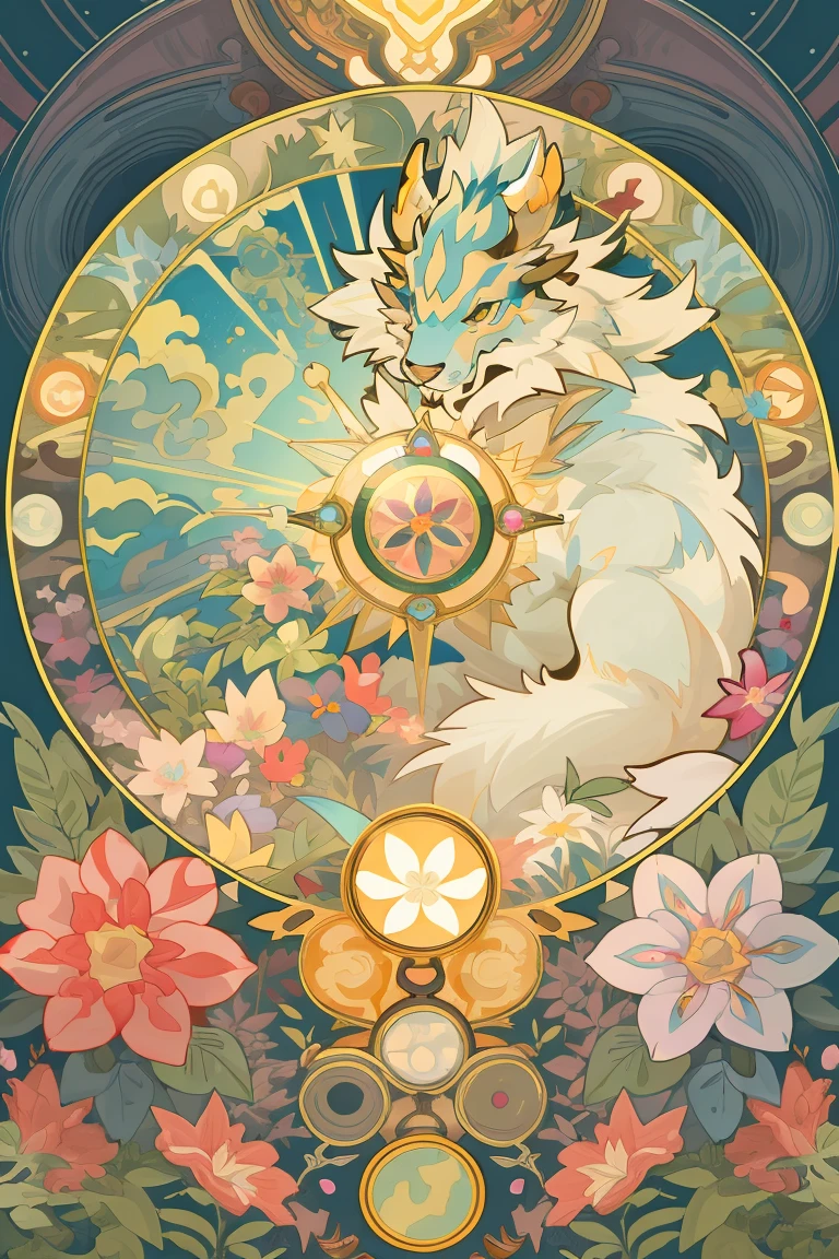 Top quality, best quality, kaleidoscope, rzminjourney, Vector Art, High-quality illustrations by Alfons Mucha, masterpiece(Beast field, Furry personification)Logo, round, Colorful flowers,