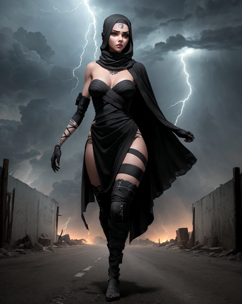 photorealistic, a beautiful girl, tall girl, wrapped up with black_bandages, beauty face, perfect body, walking stance, thirty degrees side view, dramatic photo studio, dramatic lightning, ambient, 8k