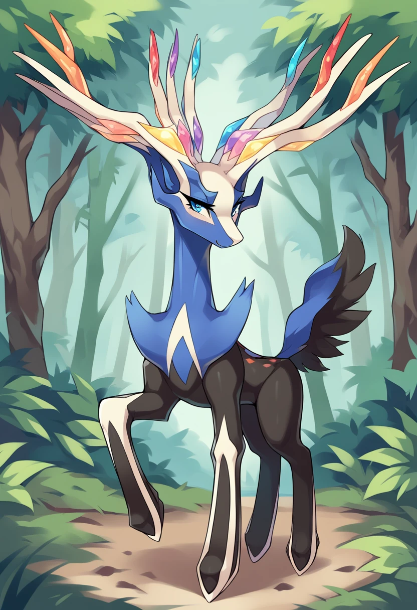 score_9, score_8_up, score_7_up, solo, Xerneas, (close-up), forest, nature, deer, stunning scenery, full body, looking at the viewer
