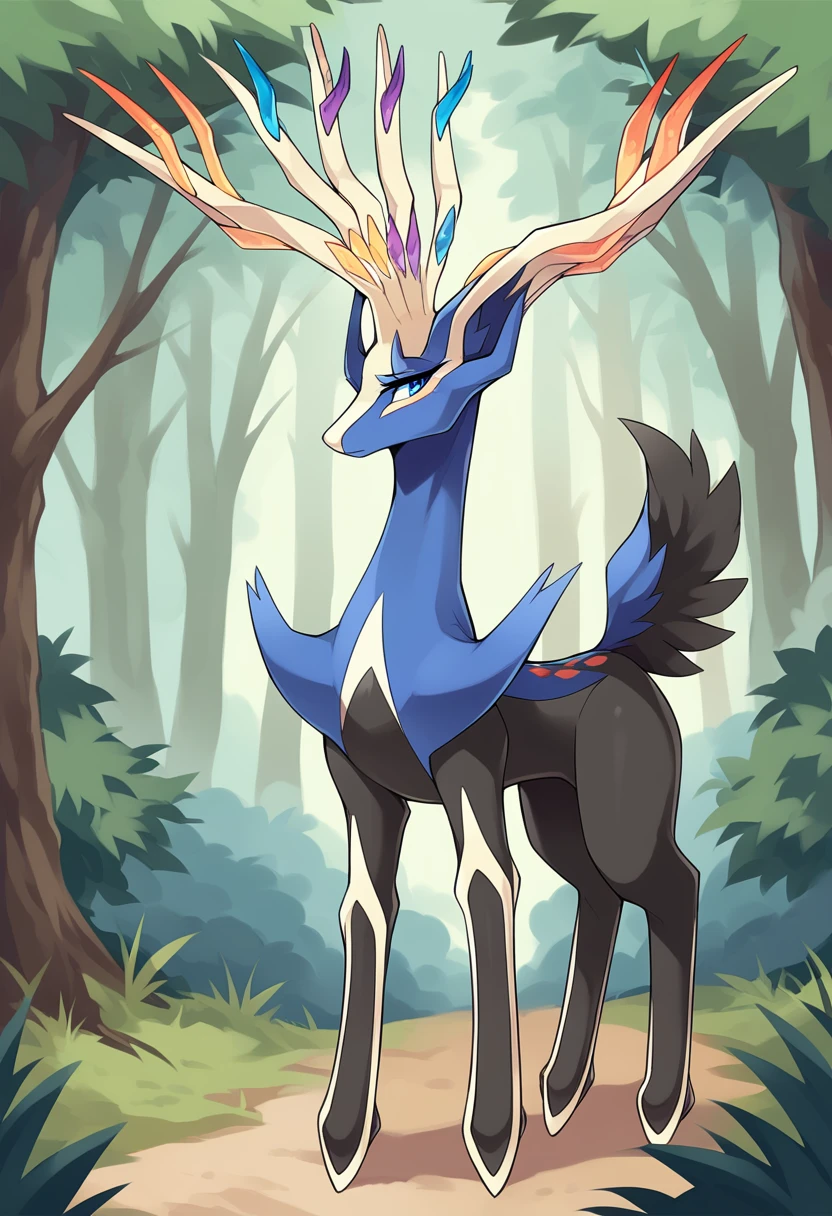 score_9, score_8_up, score_7_up, solo, Xerneas, (close-up), forest, nature, deer, stunning scenery, full body, looking at the viewer