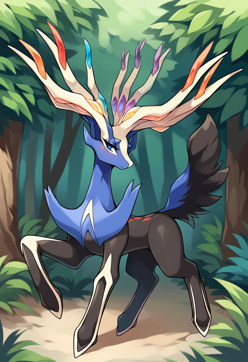 score_9, score_8_up, score_7_up, solo, Xerneas, (close-up), forest, nature, deer, stunning scenery, full body, looking at the viewer